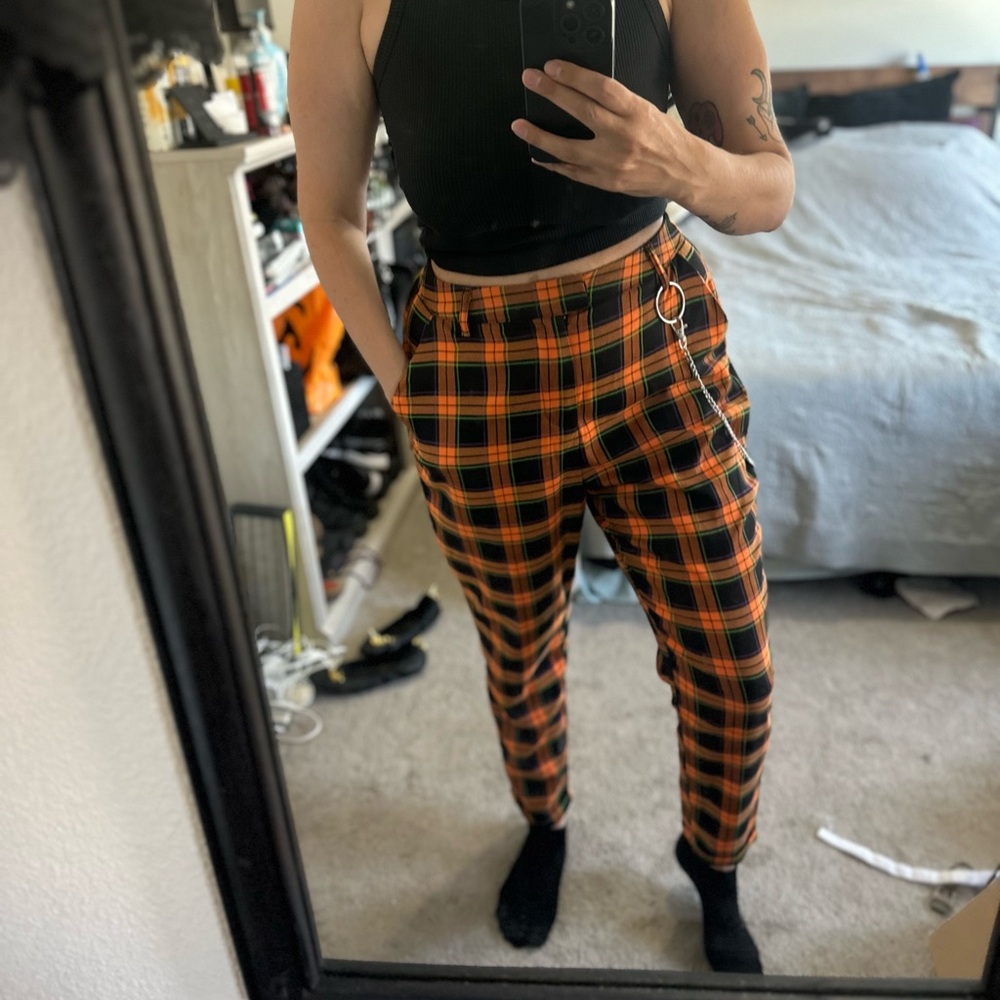 Hot Topic Orange and Black Plaid Chinos